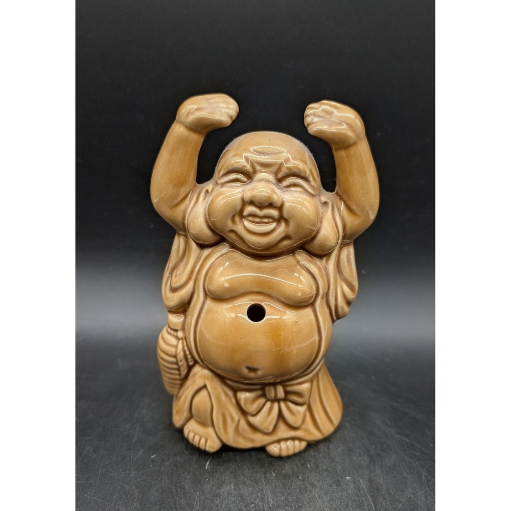 Vintage Japan Ceramic Laughing Buddha Hotei Tiki Mug Planter Tan Glossy Glaze 8"
